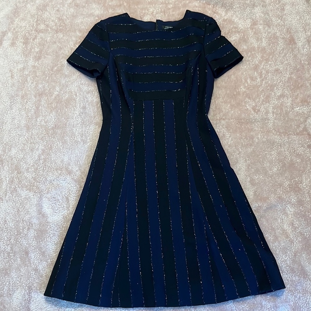 Tahari Arthur S Levine Womens A Line Dress Blue Stripe Stretch Short Sleeve 2